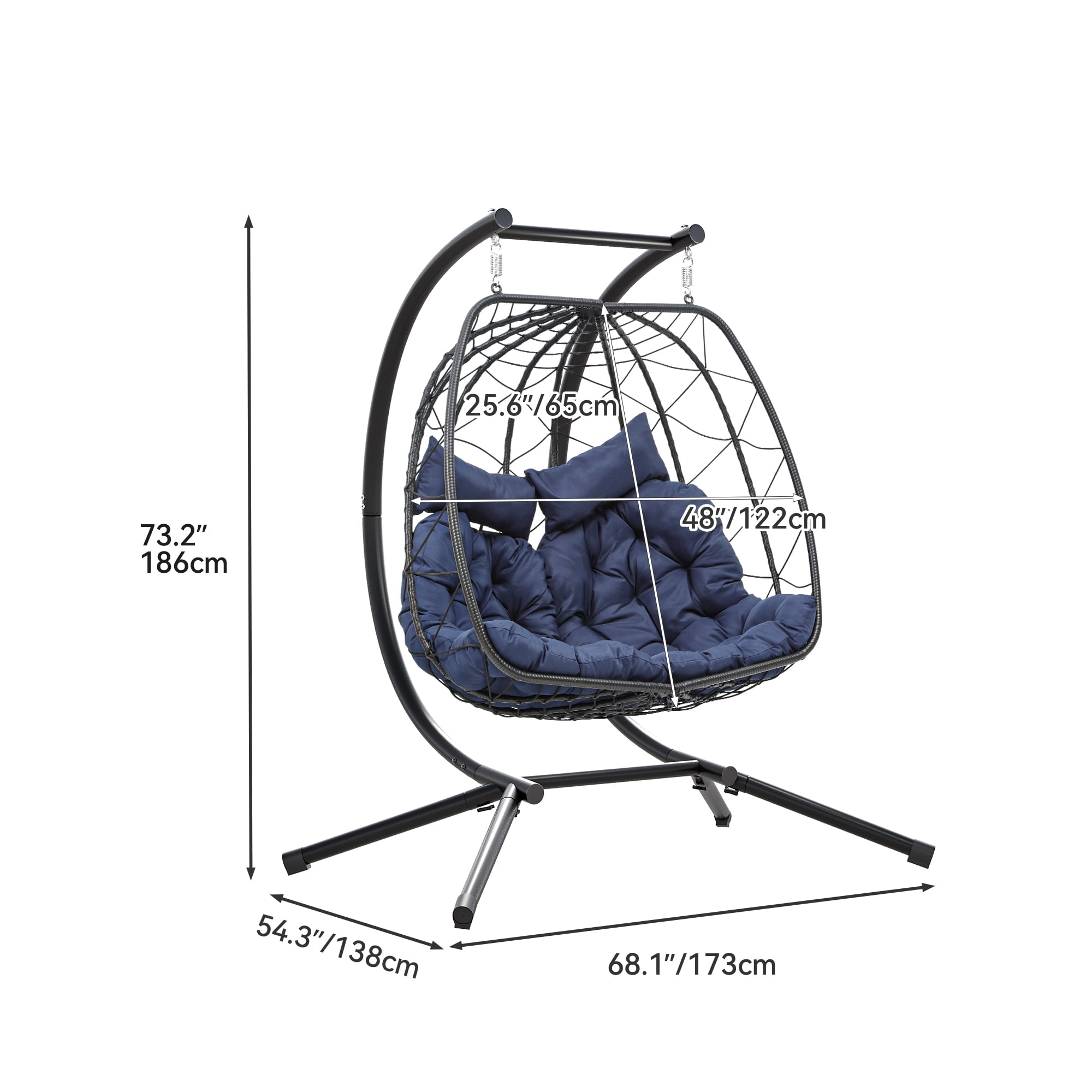 Dextrus Hanging Egg Swing Chair with Stand Double Egg Chair 2 Person Wicker Chair Indoor Outdoor Hammock Egg Chair with Cushions 500lbs for Patio, Bedroom, Garden and Balcony, Navy Blue