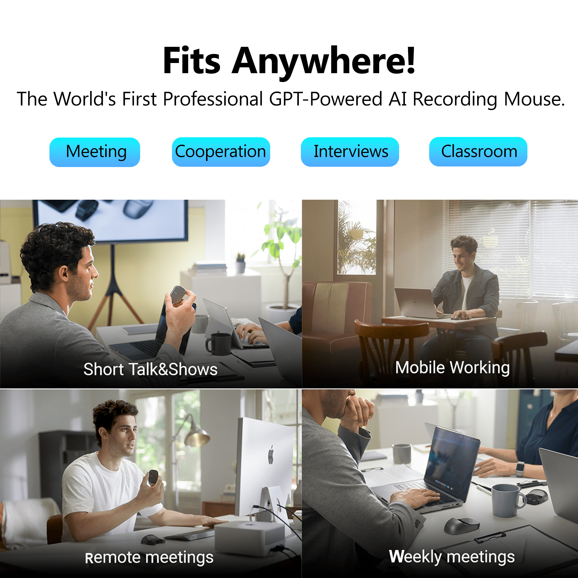 2026 Wireless AI Mouse - Bluetooth GPT Air Mouse with Voice Recording & Summarize by AI, Detachable Presenter Presentation Pointers Remote with Laser, Compatible with PC/Mac/Laptop, Silver