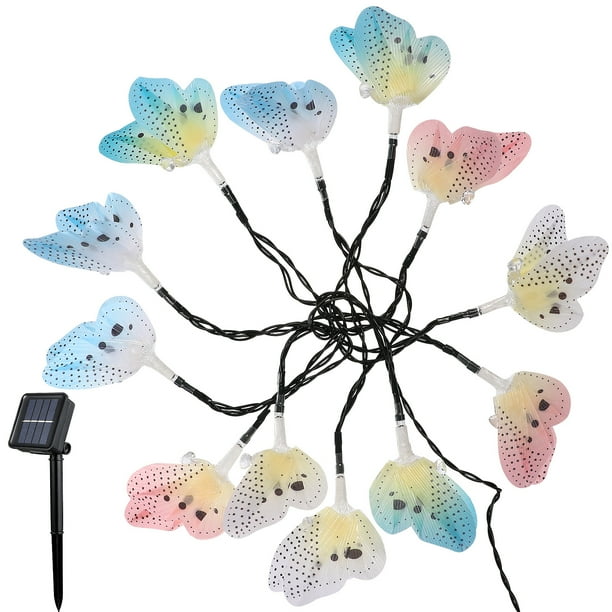 12 LEDs Energía solar Luces de mariposa Jardín Luces al aire libre Impermeable Multicolor Fibra óptica Luces decorativas para jardín Césped Patio Boda Árbol
