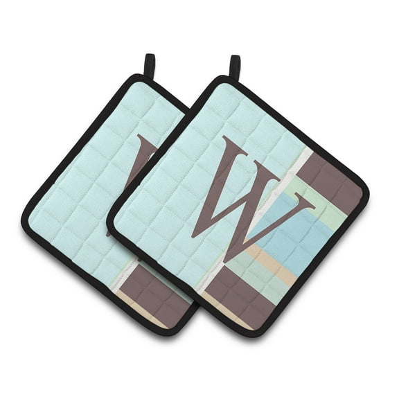 Letter W Initial Monogram - Blue Stripes Pair of Pot Holders