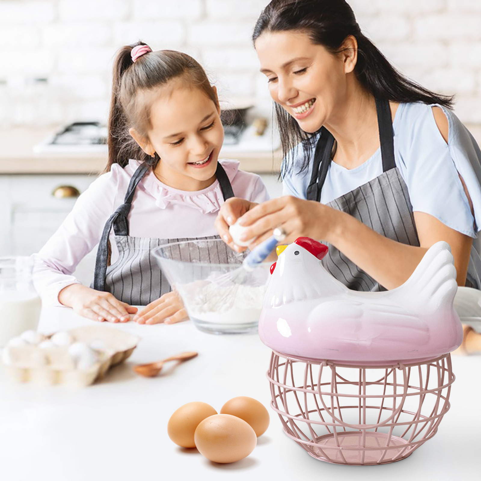 Ceramic Kitchen Storage Basket with Lid,Multi-Purpose Metal Fruit and Egg Organizer for Countertop or Pantry Storage,Decorative Household Basket for Kitchen,Living Room and Dining-Pink