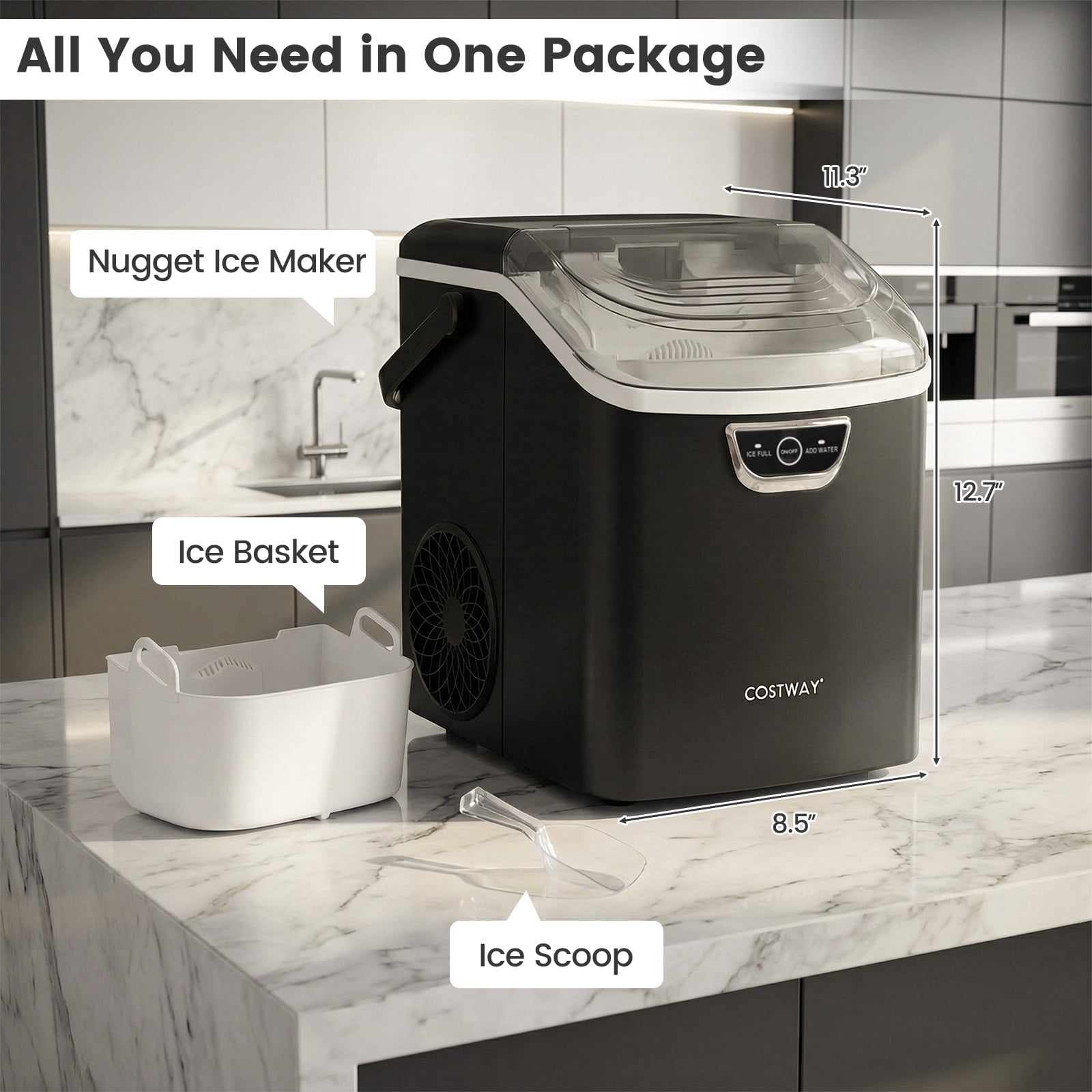 Costway Nugget Ice Maker Countertop with Audible Ice Full Alarm, Ready in 6 Mins for Home Black