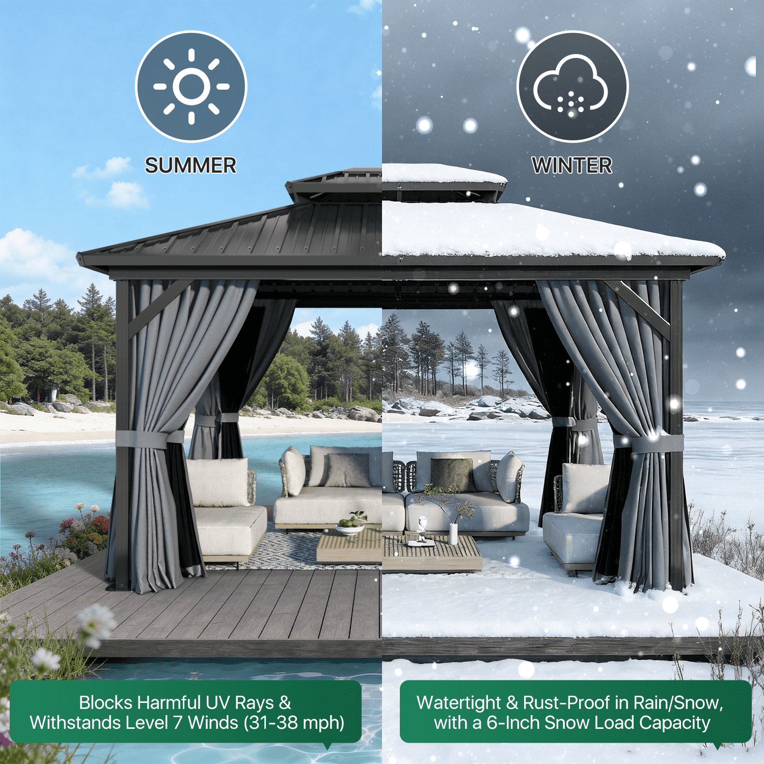LazySunsets 12' X 10' Hardtop Gazebo with Double Roof Outdoor Gazebos for Patio Lawn and Garden Included Netting and Curtains, Gray