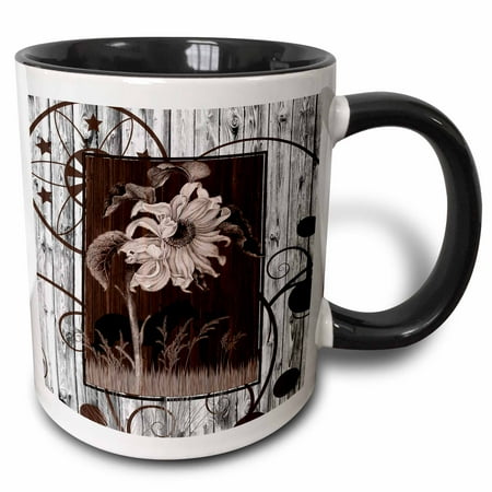 Cowgirl Silhouettes (3dRose Western horse and cowgirl silhouette with a vintage sunflower and white-washed barn wood - Two Tone Black Mug,)