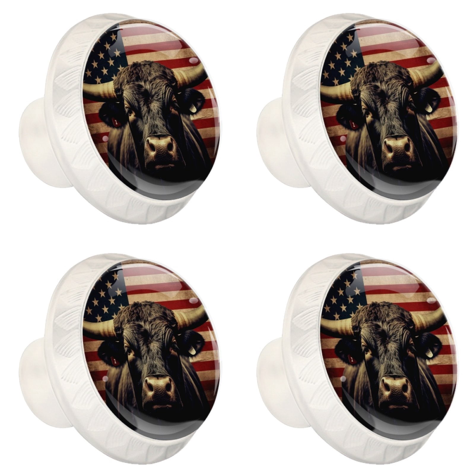 4 Pcs Cow American Flag Knobs for Kitchen Cabinet Cupboard Dresser Bookcase Drawer Pulls Handles Round Home Decor