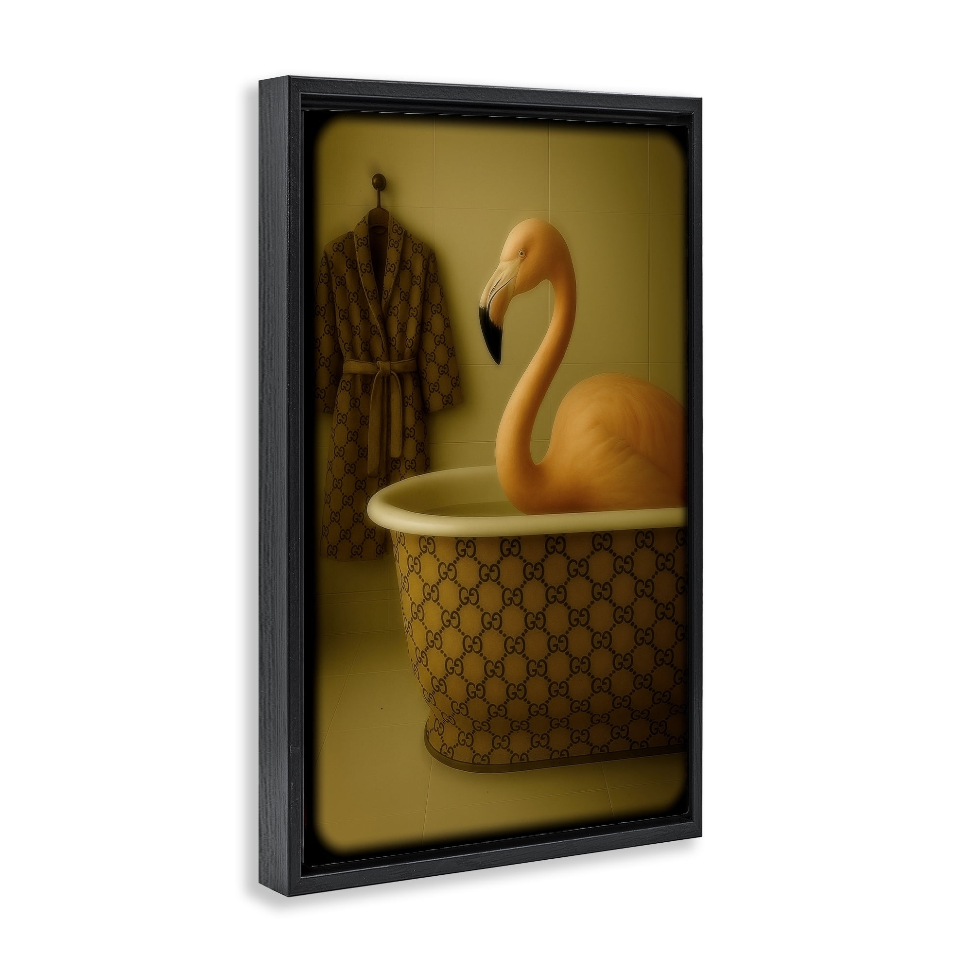Stupell Industries Couture Flamingo in Luxury Tub Black Framed Floater Canvas Wall Art, design by Grotto Studios