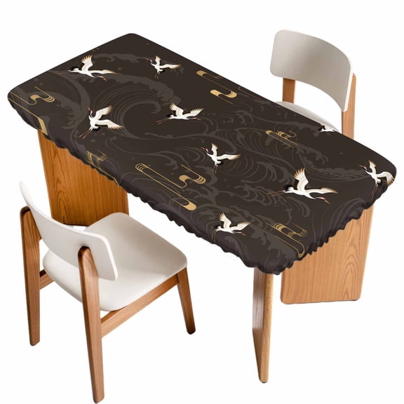Japanese Style Table Cloths for 6 Foot Rectangle Tables, Vintage Cranes Ocean Wave Black Grey Patio Waterproof Elastic Fitted Tablecloths, Washable Rectangular Table Cover for Camping