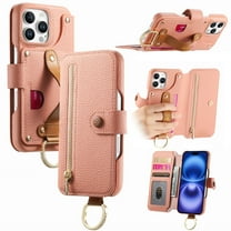 ELEHOLD Case for iPhone 13 Pro Max, RFID Blocking Zipper Leather Wallet Stand Case with Card Slot & Wrist Strap & Ring Holder,Pink