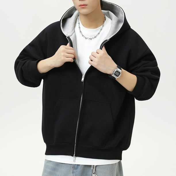 MHFRRA Sudadera con Capucha de Estilo Pesado para Otoño, con Forro En contraste, Chaqueta Corta Deportiva, Ropa Informal para Exteriores Negro