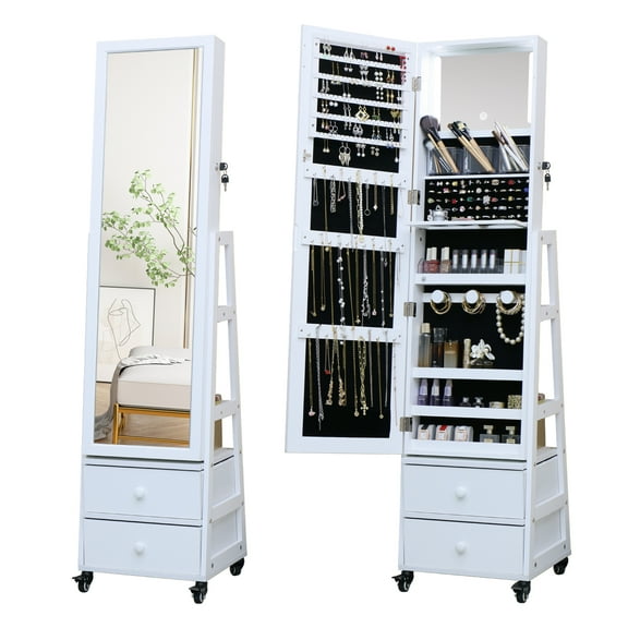Full Length Mirror Jewelry Cabinet Standing with Jewelry Storage,jewelry armoire cabinet standing with Lights Touch Screen Vanity Mirror Jewelry Armoire Organizer with Lock Christmas Gift White