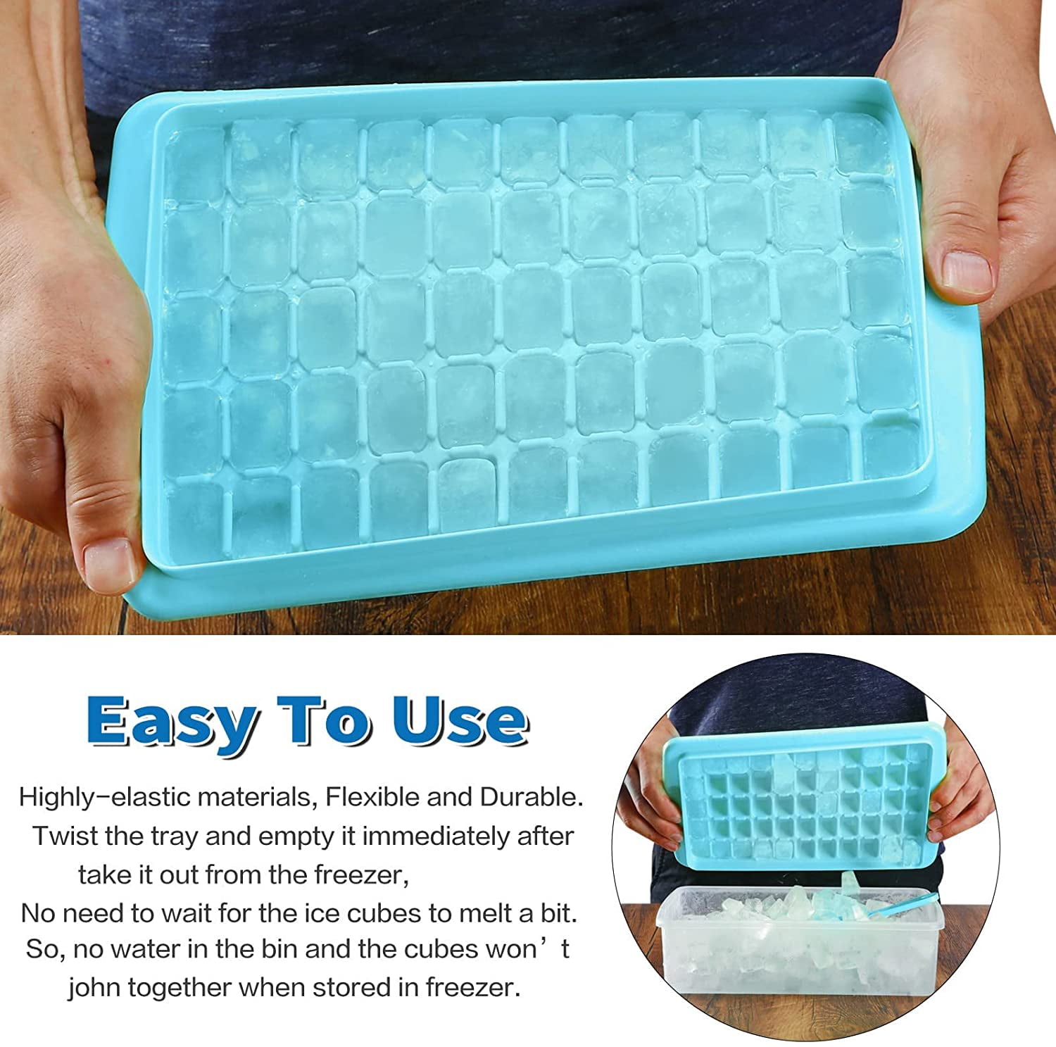 Ice Cube Trays 2 Pack with Lids and Bin for Freezer, Easy Release 55 Mini Nugget Ice Trays, Stackable Small Ice Cube Mold, Ice Maker Tray & Storage Box, Scoop, Durable Plastic, BPA Free,