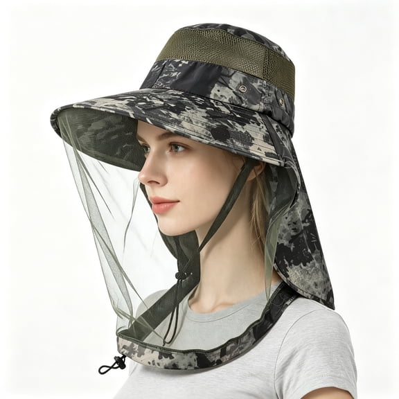 Mosquito Head Net Hat-Camo UPF 50 Wide Brim Sun Hat with Bug Net and Neck Flap for Hiking, Camping, Fishing, Men and Women, Green