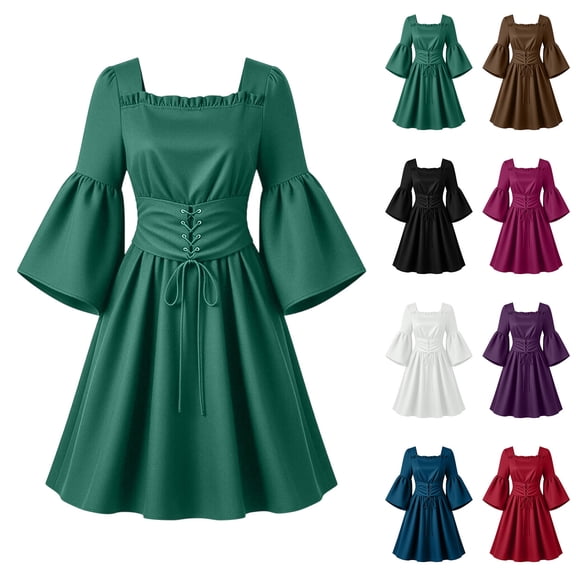 Brqkzdu Medieval Renaissance Costume Dress Victorian Halloween Gown Bride Mini Dresses Long Flare Sleeve Square Neck Fair Corset Dress for Halloween Party