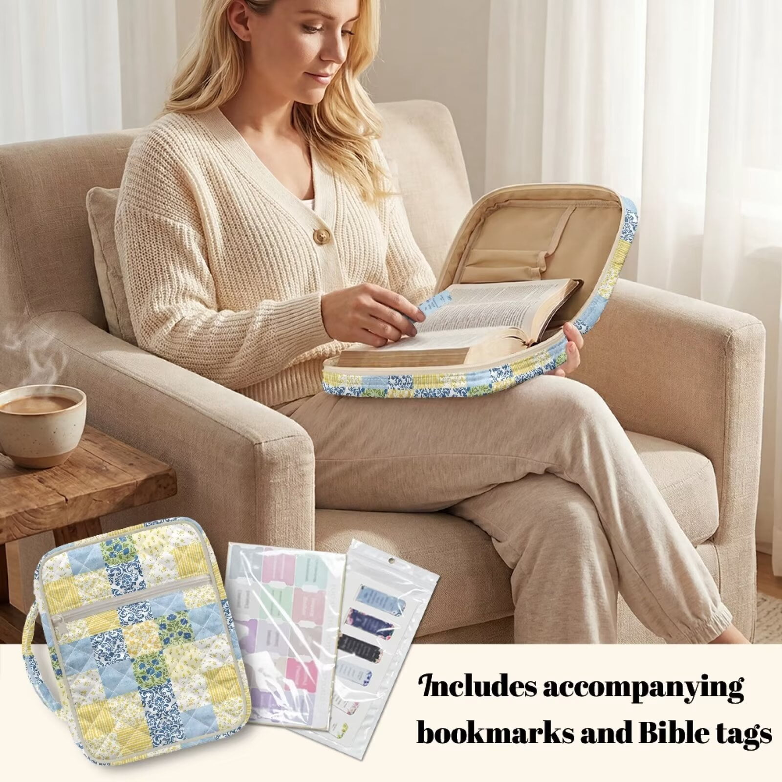 Pzuqiu Checkered Flower Large Bible Case includes 75 Bible Tabs & 12 Bookmarks Multi-Functional Scripture Book Cover Organizer for Book Lovers ,Bibles Accessories Perfect Gift