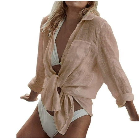 

Ziloco Women Summer Sexy Solid Regular Turndown Collar Button Women Long Sleeves Top underscrub long sleeve women fall tops for women Beige One Size