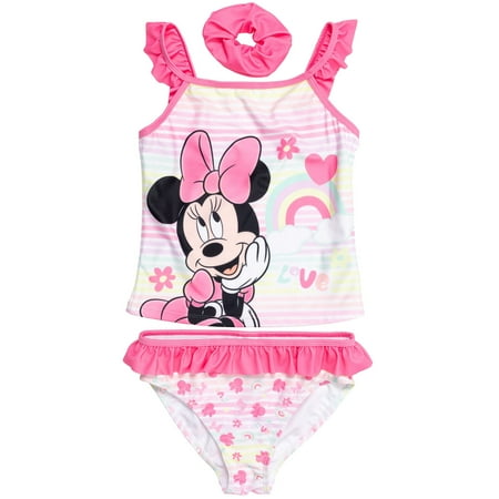 Disney Minnie Mouse Infant Baby Girls Tankini Top Bikini Bottom and Scrunchie 3 Piece Swimsuit Set Infant to Big Kid