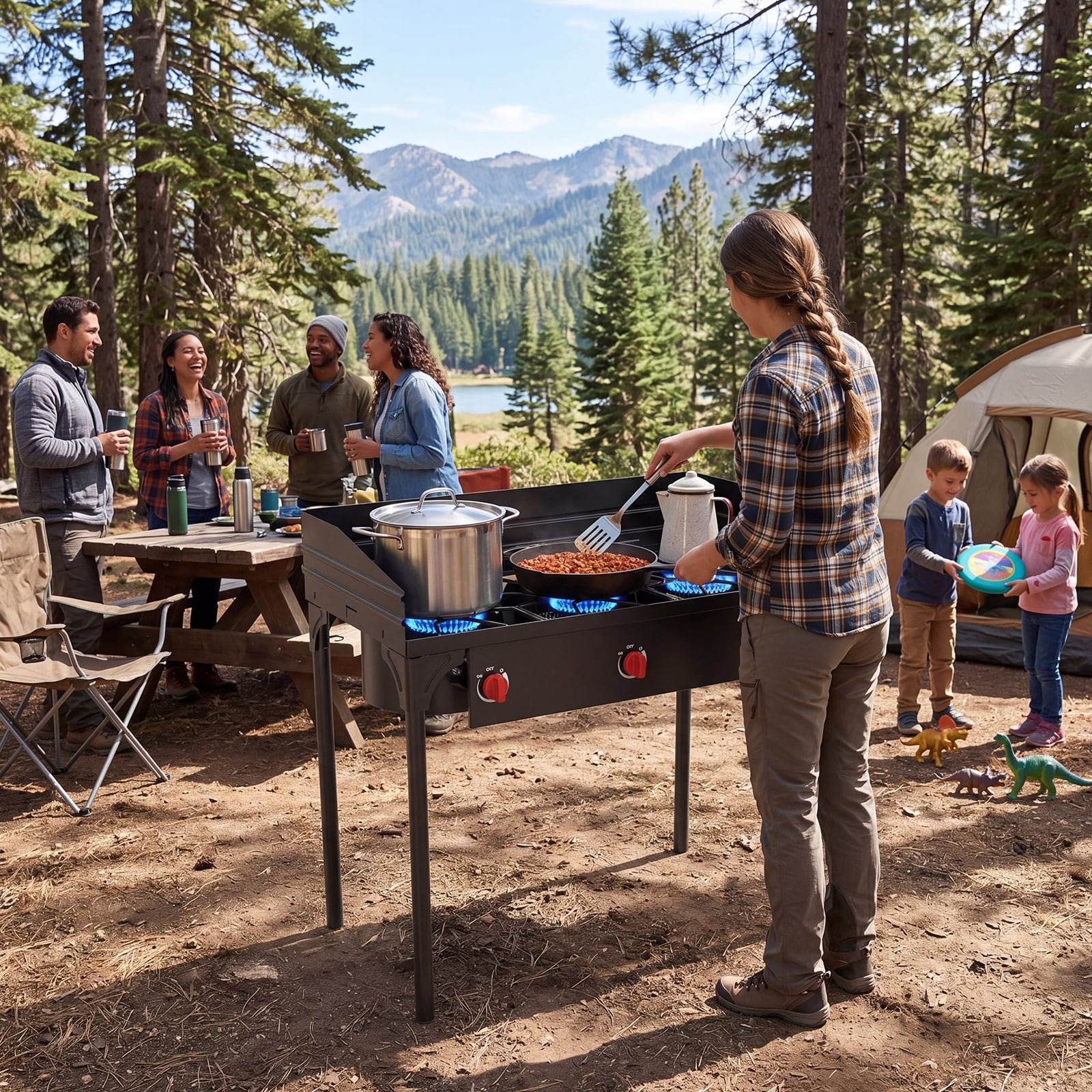 SIXDAY 3 Burner Propane Outdoor Stove with Wind Guards, 225,000 BTU Portable Gas Cooker with Removable Legs, High Pressure Camping Stove for Outdoor Cooking, Tailgating & Frying