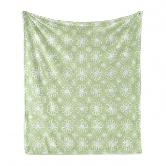 Floral Soft Flannel Fleece Throw Blanket, Geometric Ornamental Flowers on Green Background Symmetrical Pattern, Cozy Plush for Indoor and Outdoor Use, 60" x 80", Pistachio Green White, by Ambesonne