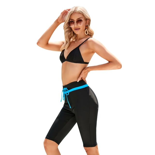 Women's Knee Length Long Swim Shorts High Waisted Swim Pants with