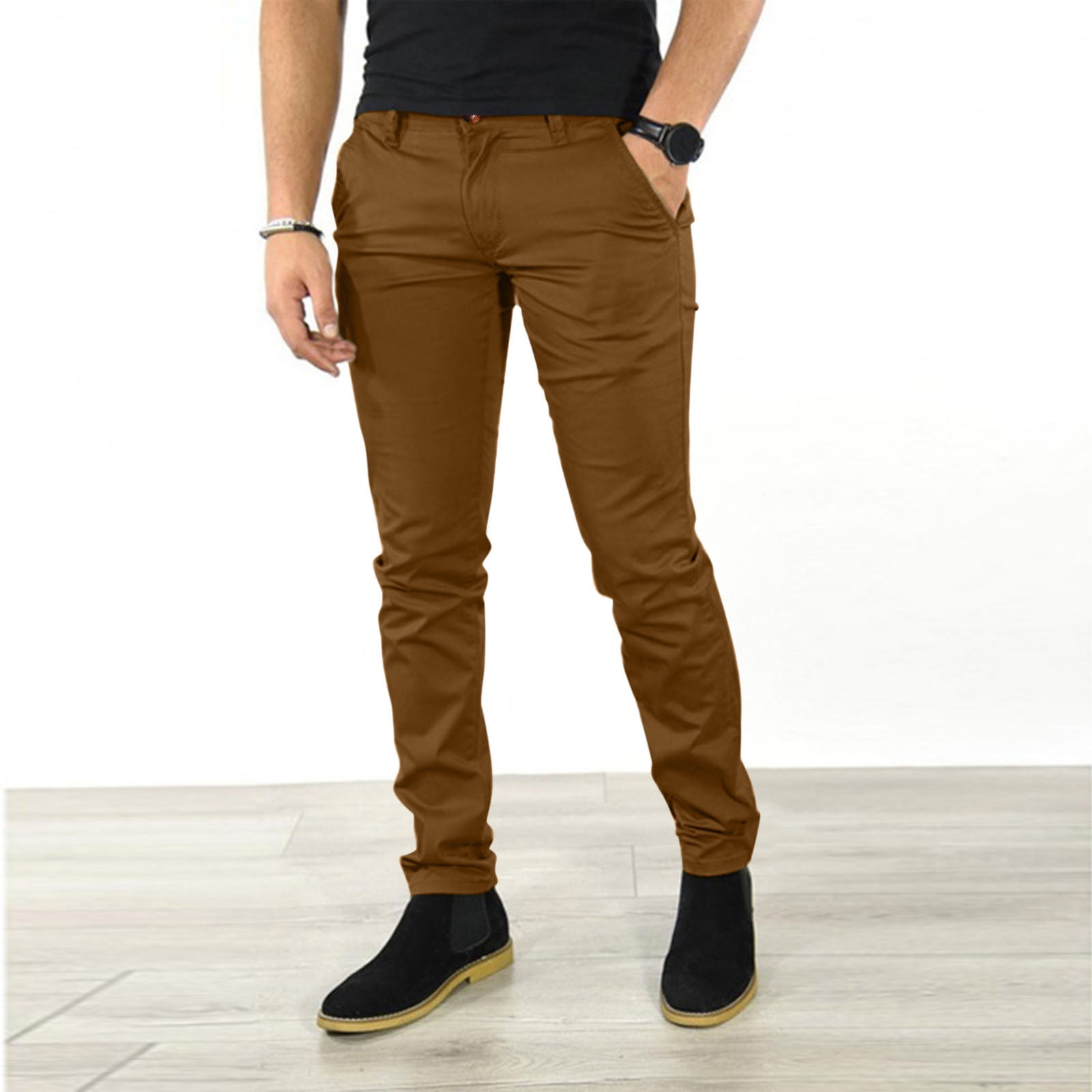 Brown Sweatpants For Men Male Casual Business Solid Slim Pants Zipper Fly  Pocket Cropped Pencil Pant Trousers 