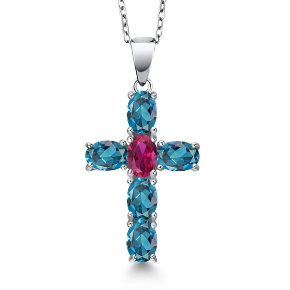 Gem Stone King 925 Sterling Silver London Blue Topaz and Red Created Ruby Cross Pendant Necklace for Women | 3.50 Cttw | Gemstone November Birthstone | Oval 6X4MM | With 18 inch Chain