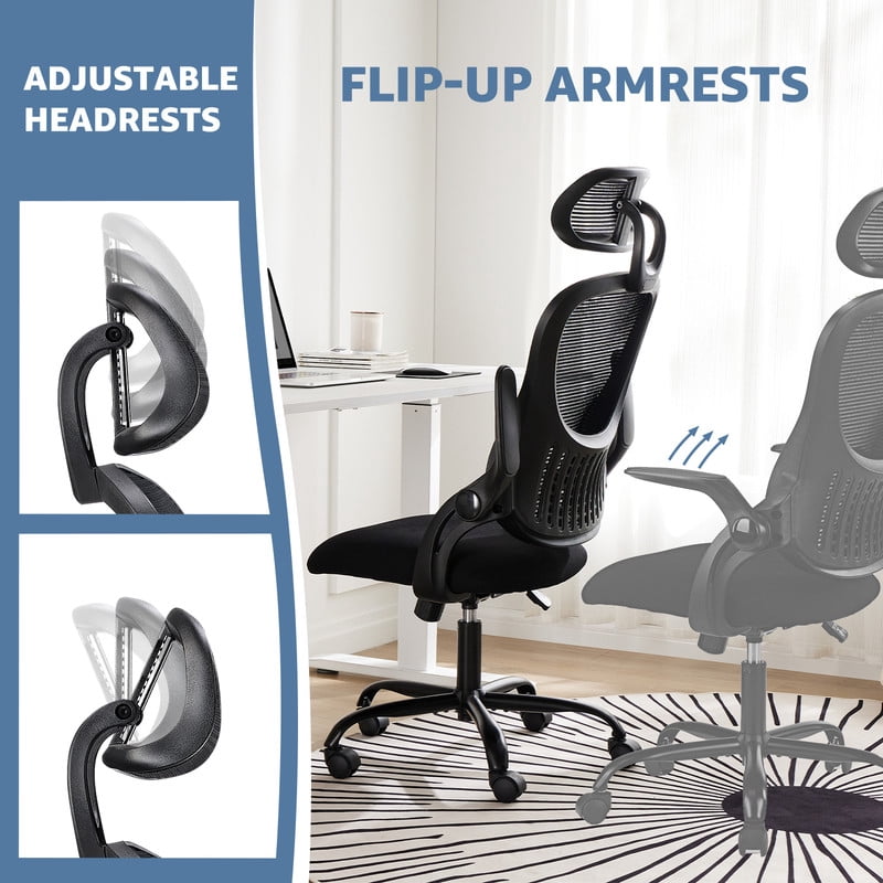 BEAUTYPEAK Ergonomic Office Chair High-Back Mesh Computer Desk Chair with Lumbar Support Adjustable Headrest Flip-Up Arms Wheels, Black