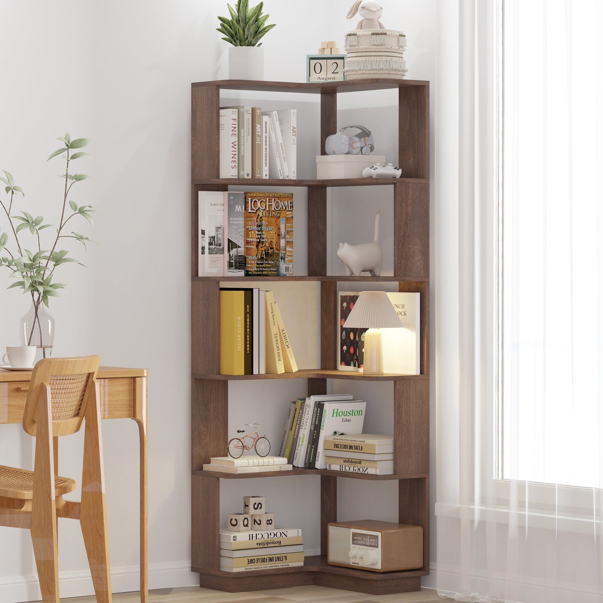 Leumius 6 Tier Freestanding L-Shaped Corner Bookshelf, Wooden Bookcase with anti-drop panle and anti tipping device, Display shelf Open storage rack Organizer for Home Office,Dark Brown