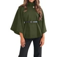 thumbnail image 2 of Women's Solid Color Poncho Coat, Batwing Sleeve Cape Jacket, Oversized Belted Tunic, Stand Collar Casual Cloak, Trendy Loose Fit Outerwear, Elegant Layering Piece Green XS, 2 of 5