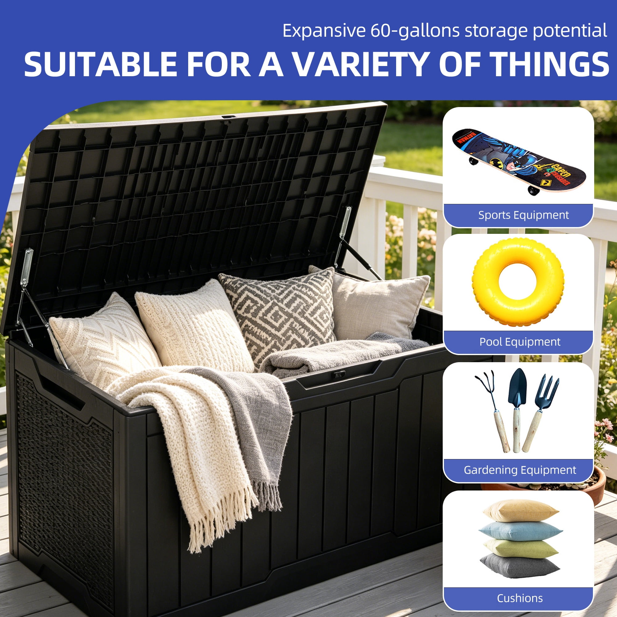 Uforic 100 Gallon Weatherproof Resin Deck Box, Lockable Outdoor Storage Container for Patio Cushions, Garden Tools and Pool Supplies, Black
