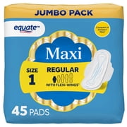 Equate Maxi Pads with Flexi-Wings, Regular Absorbency, Size 1, 45 Count