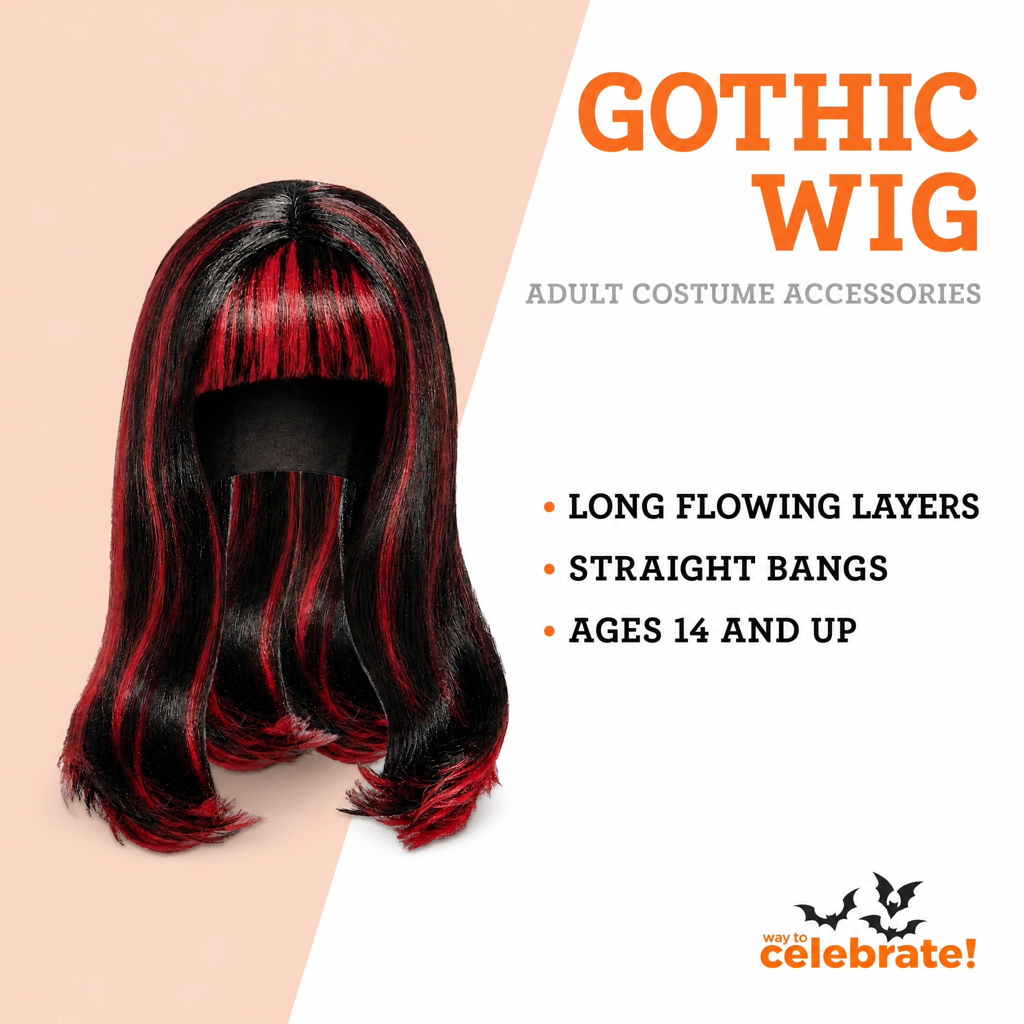 Gothic Wig Costume Accessory for Adults, Red and Black, Halloween by Way To Celebrate