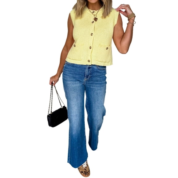 Women's Vanilla Yellow Sleeveless Knit Sweater – Button-Down Round Neck Shift Vest with Pockets, XL