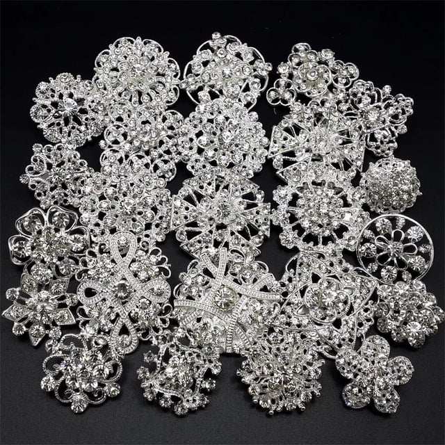 Elegant Alloy Brooches Set for Weddings and Events Rhinestone Pins Silver-Tinished Accessories Party 24PCS