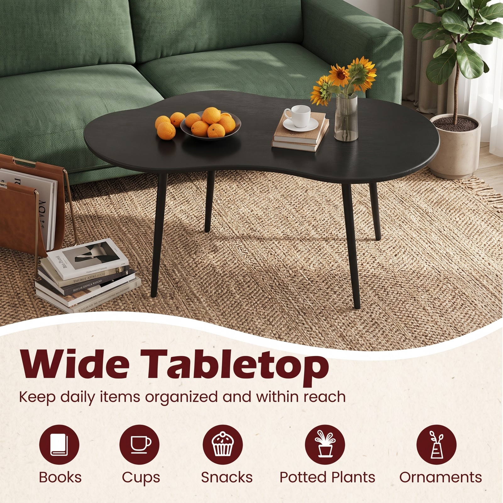 Furnibear Cloud Shape Coffee Table, 39.5 Inch Irregular Free Form Center Table with Durable Metal Frame, Wide Wood Tabletop Modern Accent Side Table for Living, Black