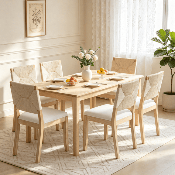 Sanweal French Country Dining Chairs Set of 2, Beige Farmhouse Kitchen & Dining Room Chairs, Boho Wood Dining Chair with Woven Back & Linen Upholstered Seat, Solid Wood Frame,Beige