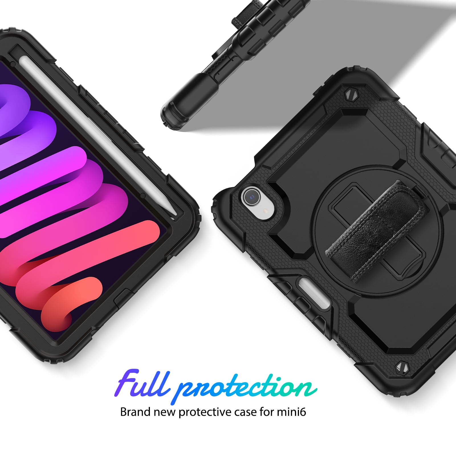 Shockproof Case for Apple iPad mini 6 /7 8.3" with Build In Screen Protector, Rugged Rotating Stand Shoulder Strap Pencil Holder Kids Friendly Bumper Case for Apple iPad mini 6/ Mini 7, Black