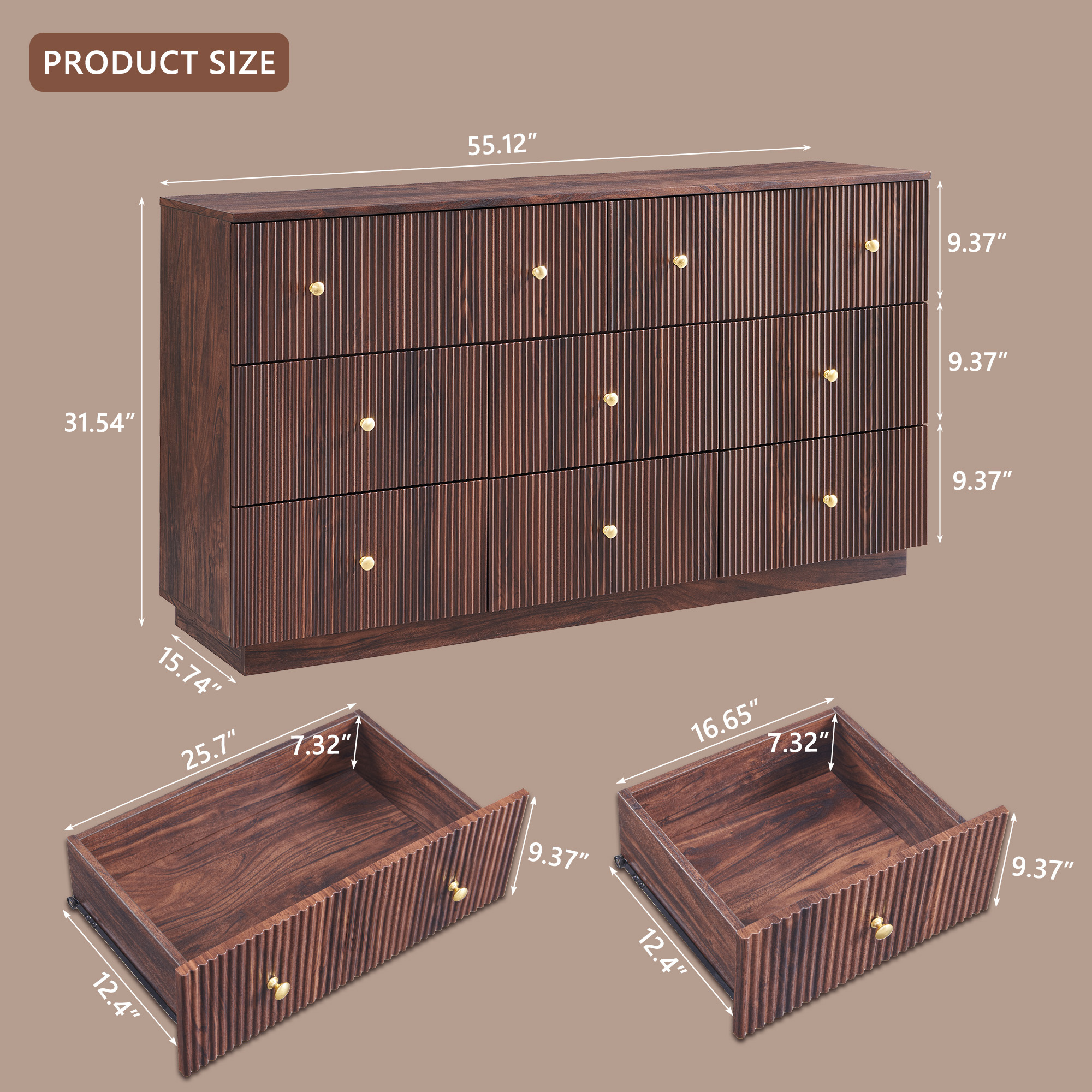 wow97e Fluted 8 Drawers Dresser, 55" W Modern Chest of Drawers with Deep Storage, Wood Tall Dresser Storage Organizer for Bedroom, Living Room, Hallway