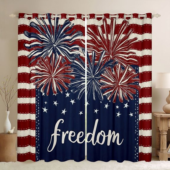 Manfei Fireworks Kitchen Curtains, Freedom Print Flag Stripe Black Out Curtains Pack of 2 (42x63 Each), Red White Blue