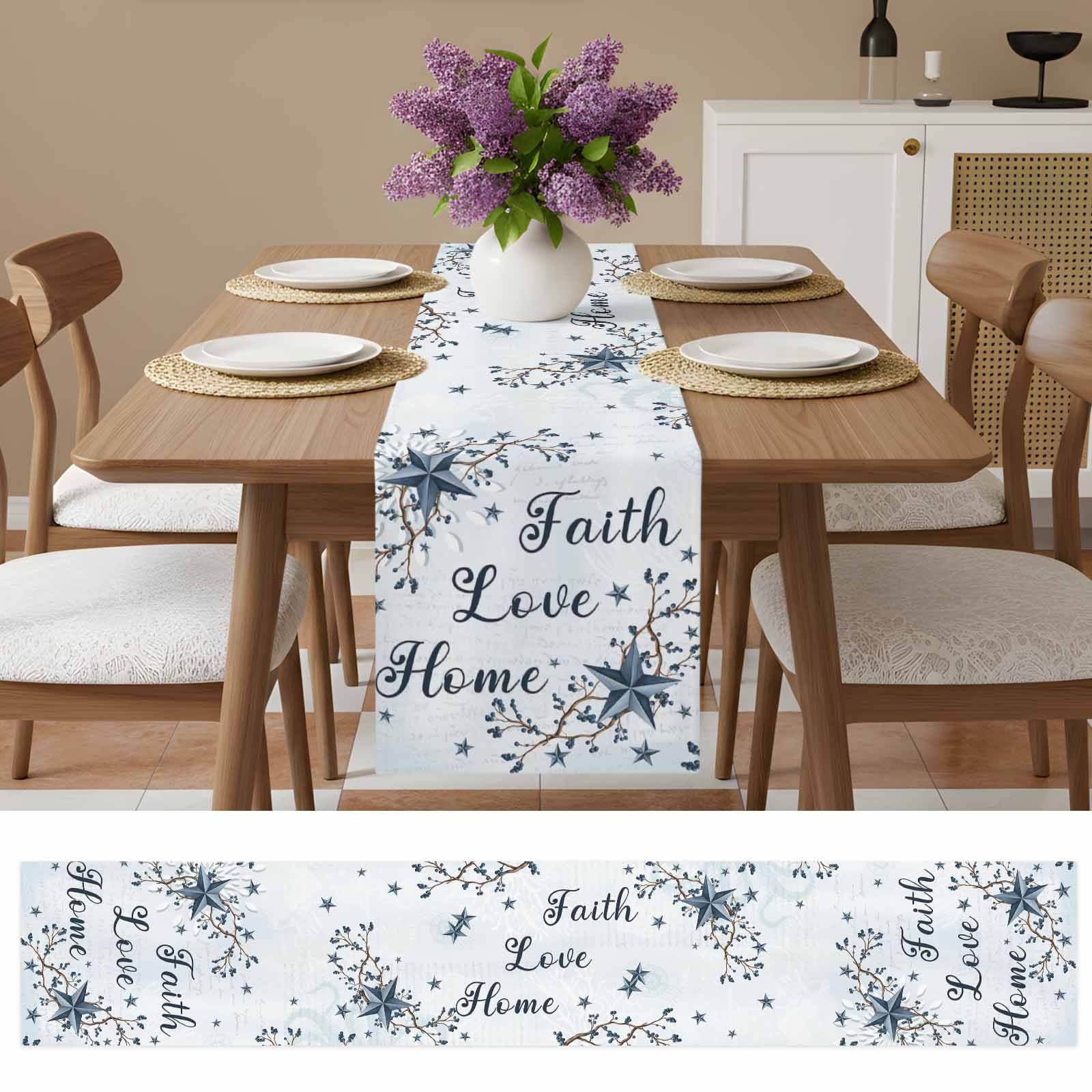 Texas Star Country Cotton Linen Table Runner for Dining Kitchen, Blue Farmhouse Branches Wedding Outdoor Party Tablerunners Decoration, Dresser Scarf Coffee Tablecloth Runners 13x90 Inches