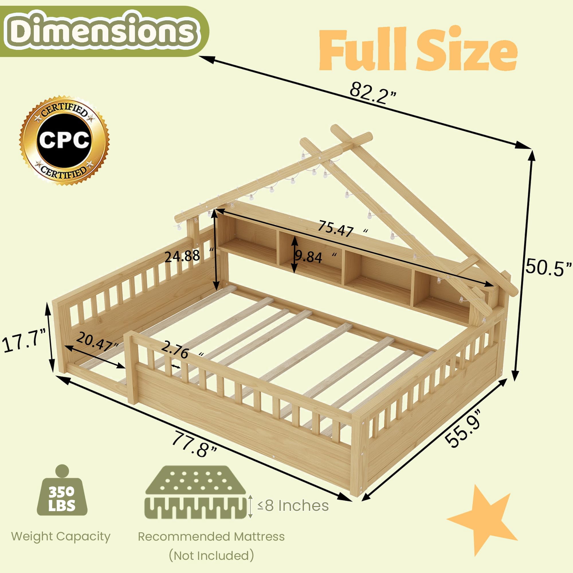 Mirightone Full Size Floor Bed with Storage Bookshelves, Wooden Montessori Bed Frame with Light, Roof Shape & High Safety Rails, Low Profile Beds, No Box Spring Needed, Natural