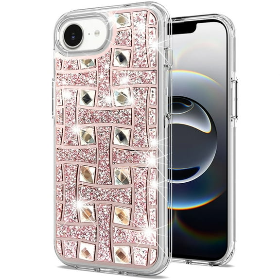 Diamond Encrusted Hybrid Case for iPhone 16e - Basketweave Rose Gold