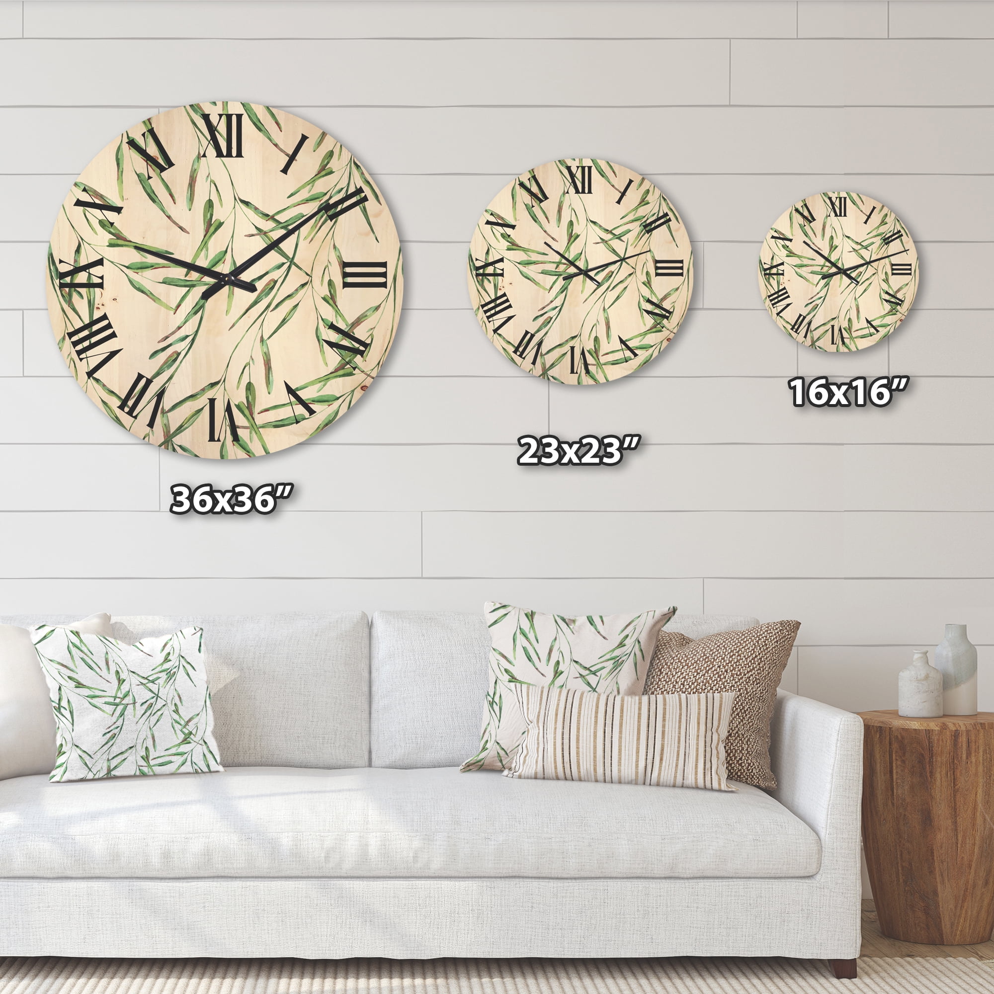 Designart 'Tropical Green Leaves On White In Summer Times II' Tropical Wood Wall Clock