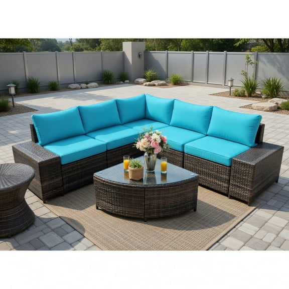 Topcobe 6 Piece Wicker Patio Sectional Sofa Set with Tempered Glass Coffee Table, Modern Patio Furniture Set-Turquoise