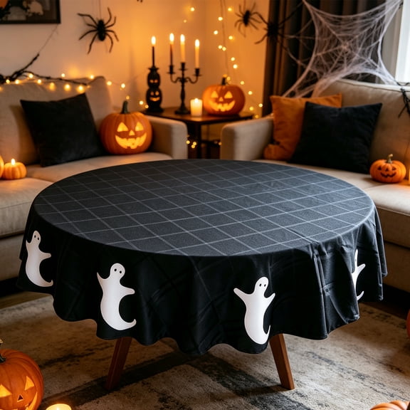 Halloween Tablecloth 60 Inches, Washable Polyester Fabric Party Decoration for Dining Table with Ghost Print, 1PC