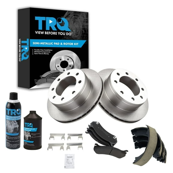 TRQ Rear Metallic Disc Brake Pad & Rotor with Parking Shoes w/Chemicals for GM BKA18283