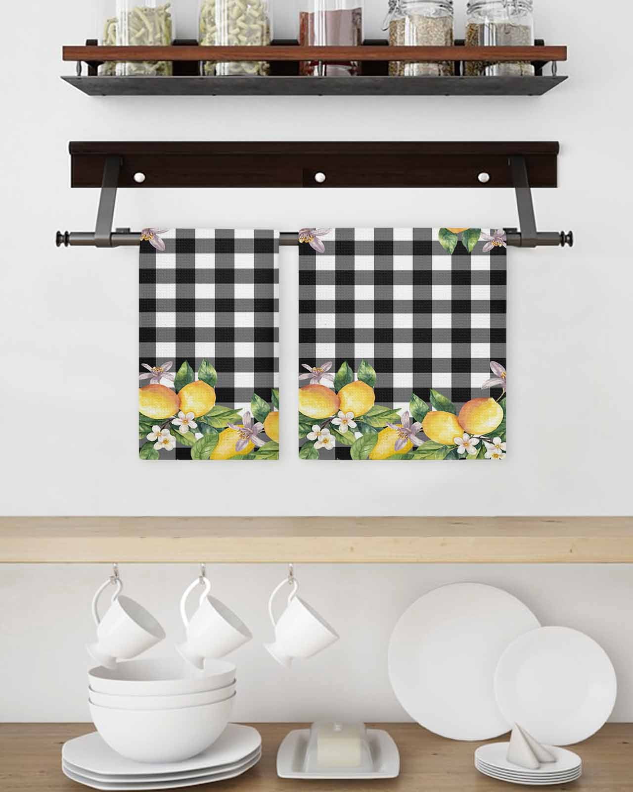 Lemon Hand Towels Set, Waffle Weave Kitchen Towels 2 Pieces, Black Plaid Check Yellow Fruit Flower Floral Microfiber Hair Face Bath Tea Towel Absorbent Quick Drying Cleaning Dish Cloths 15.7"x23.6"