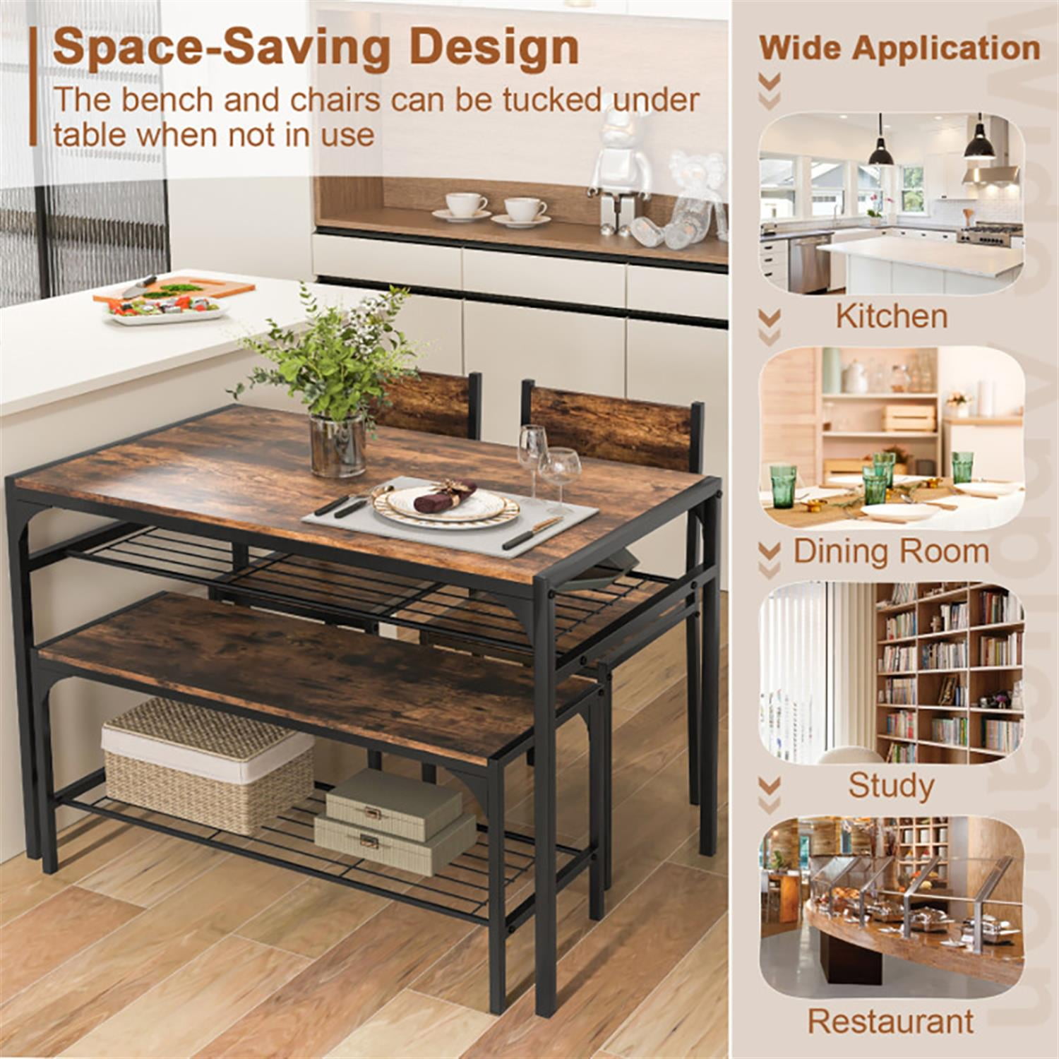 Demi Bonn 4-Piece Dining Table Set with Bench and 2 Chairs, 43"dustrial Kitchen Table with Metal Frame and Storage Rack, Perfect for Small Space, Brown