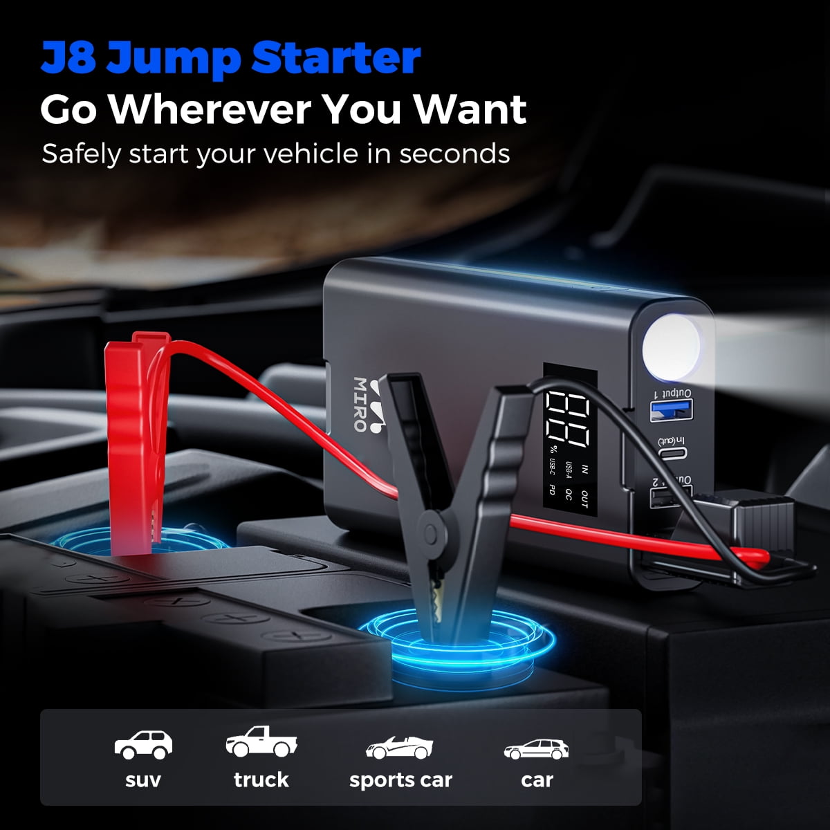 Miro 1000A 12V CarJump Starter 12000mAh Battery Portable Booster with LED Display, 30W Quick Charge Power Bank ,LED Light