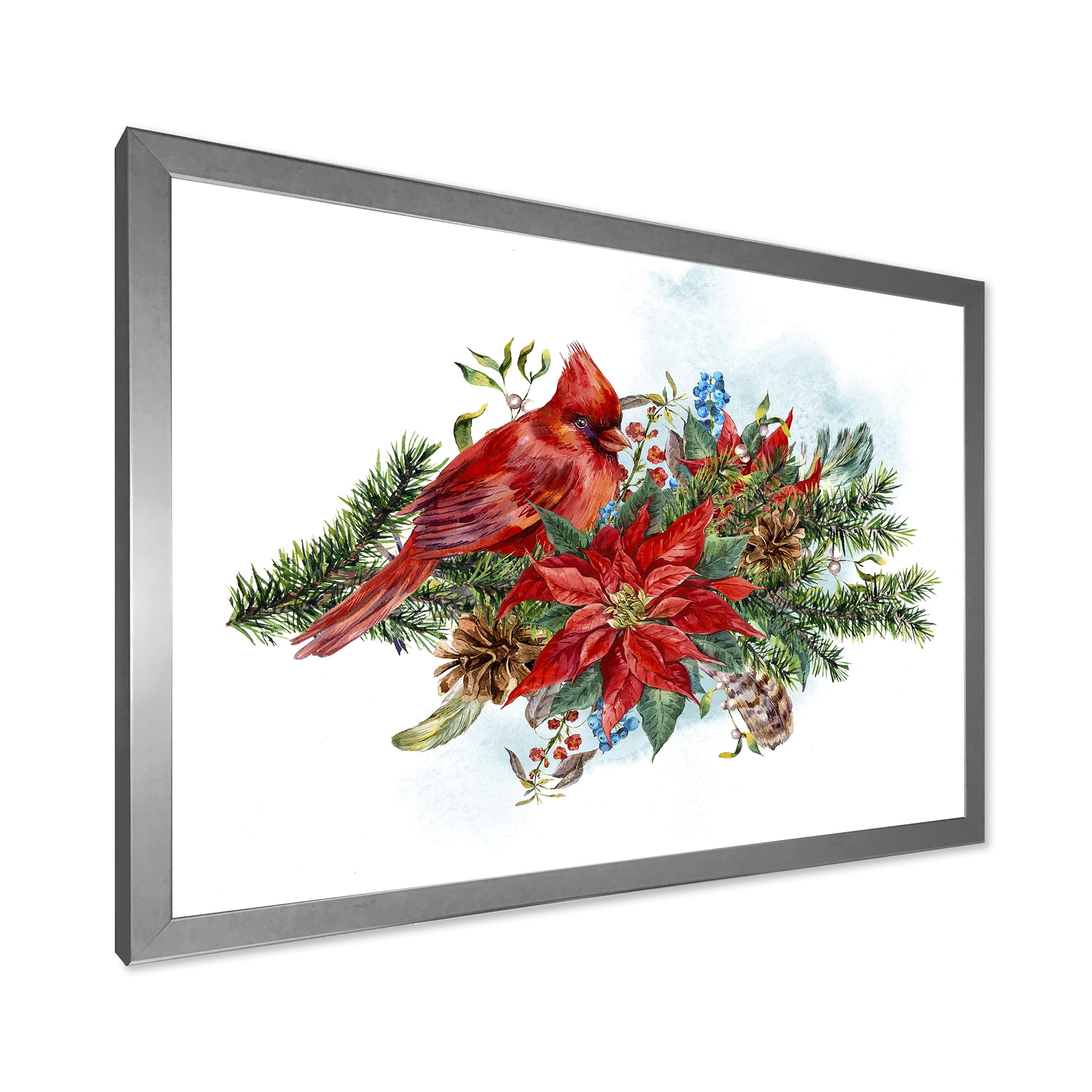 Designart 'Christmas Red Cardinal Bird and Poinsettia' Traditional Framed Art Print