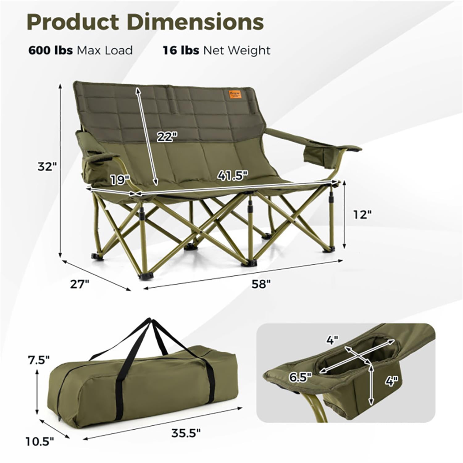 Demi Bonn Outdoor Oversized Camping Chair with Cup Holders and Thick Padding, Folding Loveseat Camping Couch for Yard, Garden, Patio, Green